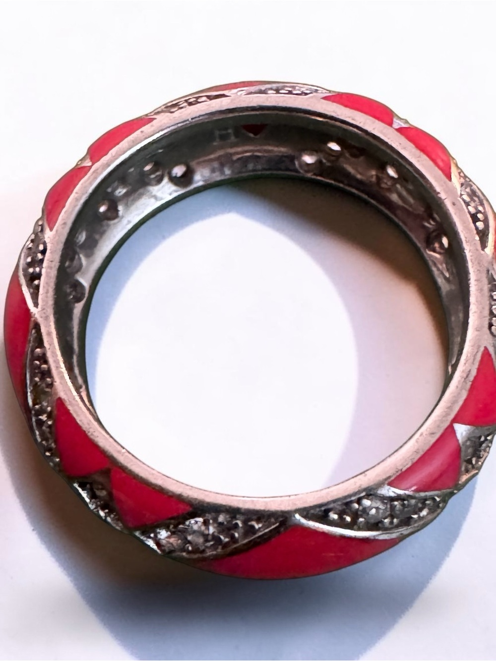 Silver Tone Ring with Coral Pink Enamel Accent